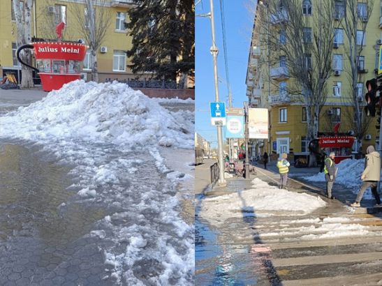 В Ростове на Пушкинской из-за прорыва водопровода появились ледяные сугробы