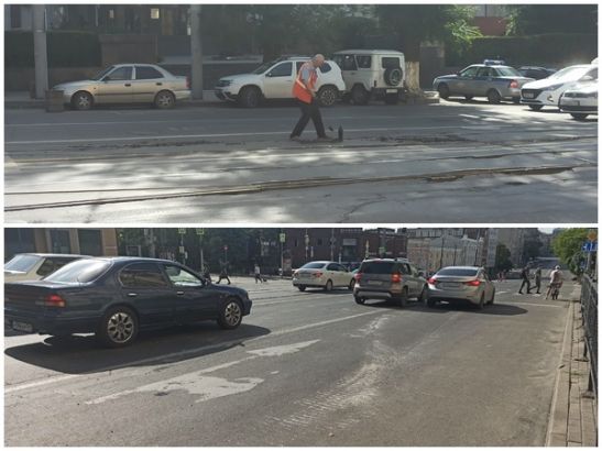 Дорожные рабочие оцениваю степень повреждения асфальта на Буденновском