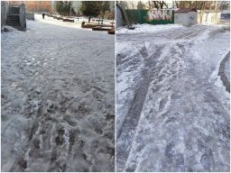 Дорога к школе № 10 в Ростове покрылась коркой льда