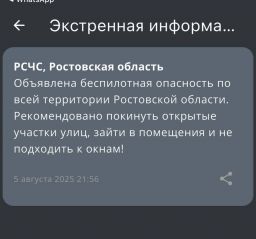 Беспилотную опасность на территории всей Ростовской области объявили ночью 5 августа
