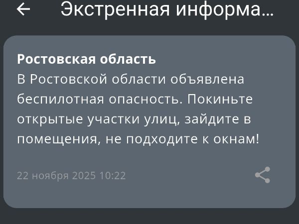 В Ростовской области утром 22 ноября объявили режим беспилотной опасности