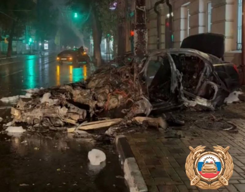 В Ростове иномарка сгорела дотла после столкновения с опорой ЛЭП