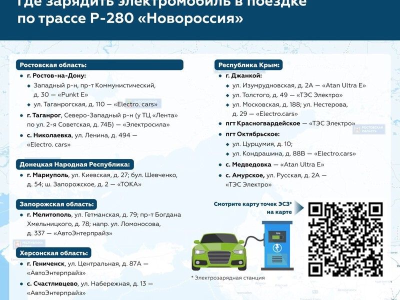 Появилась детальная карта с «зарядками» для электромобилей на пути из Ростова в Крым