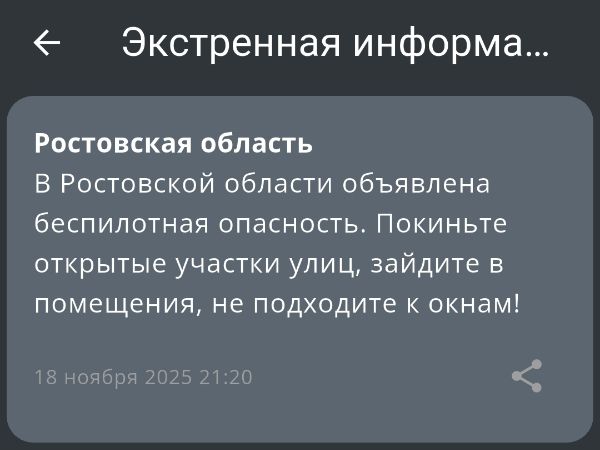 В Донском регионе 18 ноября объявили беспилотную опасность