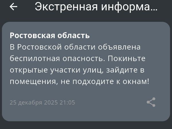 В Ростовской области объявили беспилотную опасность вечером 25 декабря