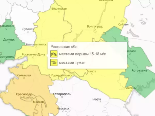 В Ростовской области из-за ветра и тумана введен желтый уровень погодной опасности